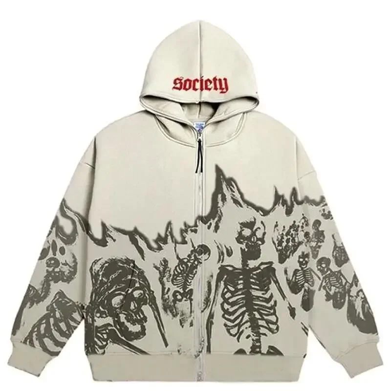 Men Anime Skull Hoodies Women Vintage Gothic Zip Up Long Sleeve Streetwear Loose Coats Harajuku Letter Print Hooded Sweatshirts