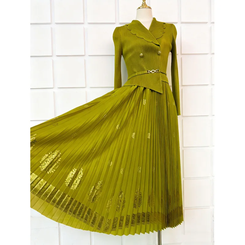 

Воротник костюма Miyake, элегантное бронзовое плиссированное платье, утягивающее талию, модная плиссированная свободная юбка