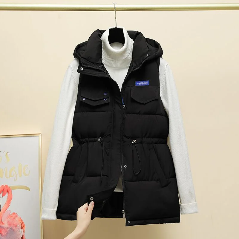 2024 New Brand Solid Color Versatile Casual Waist Drawstring Warm Down Cotton Vest Harajuku Streetwear Trend Sleeveless Jacket