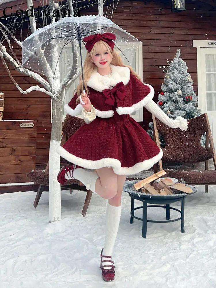 

Christmas New Year Red Japanese Style Original Lolita Bow Sweet Girl Dress Set Princess Style JK Cosplay Three-Piece Set