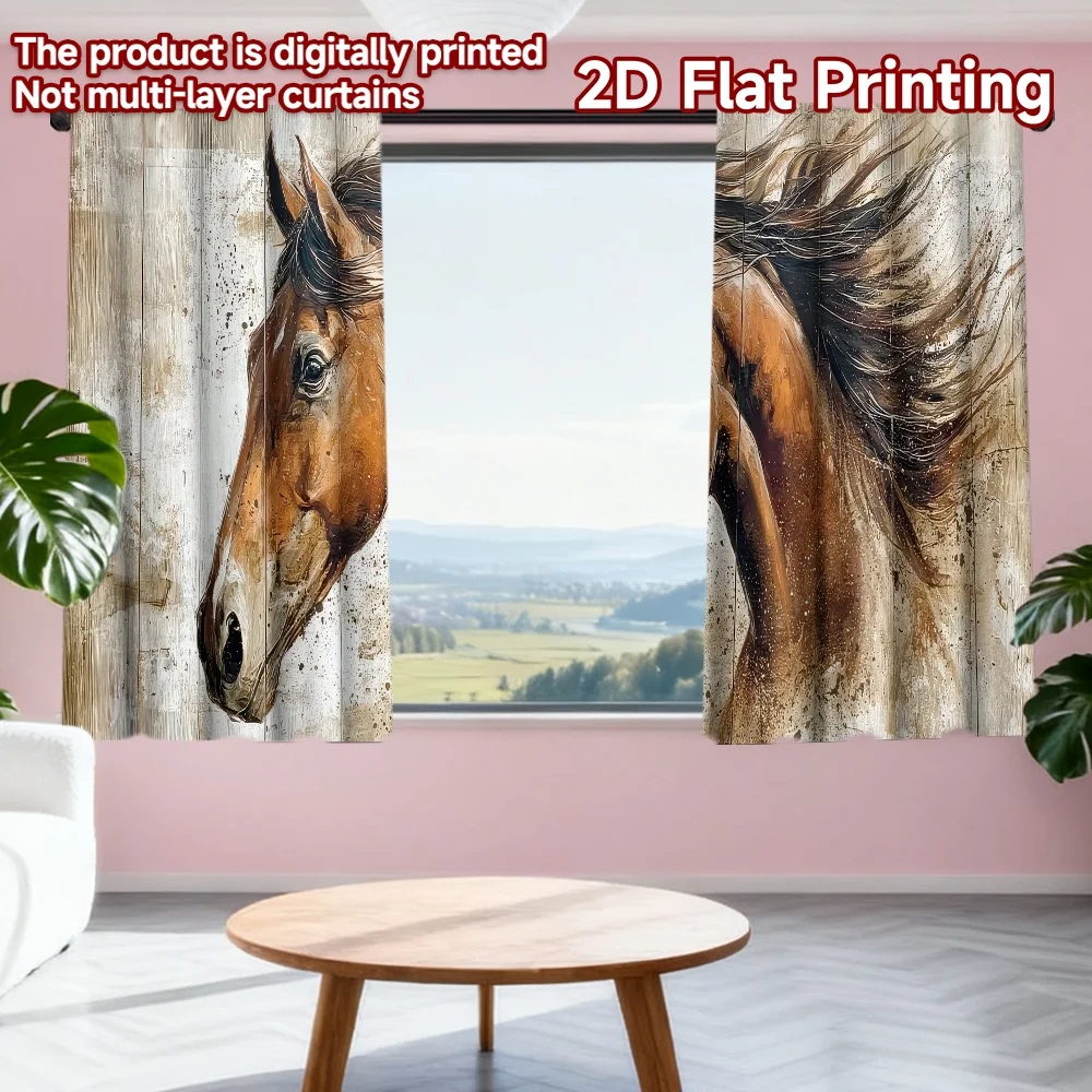 

2D flat printing 2pcs Curtain Galloping Horse Portrait Digital Printed Polyester Drapes Birthday Party Perfect for Door Wall