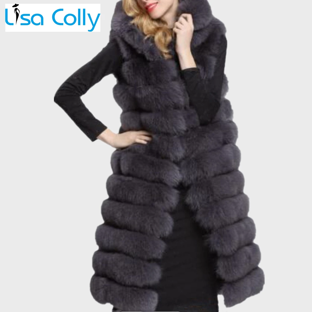 90CM Women Winter Faux Fur Super Long Fur Vest With Hooded Luxury Faux Fox Fur Vest Furry Woman Thick Fake Fur Vest