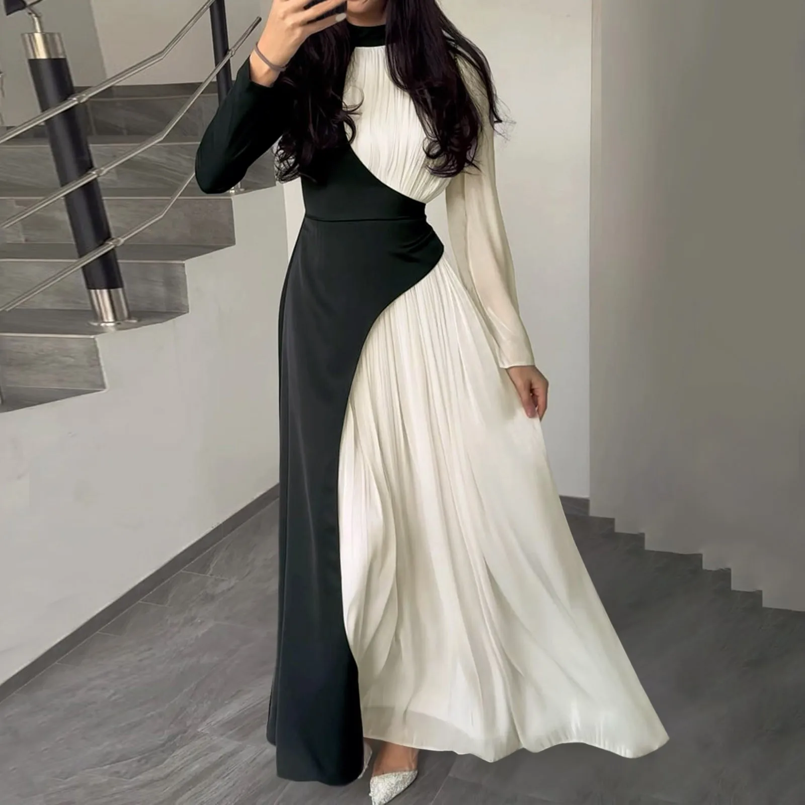 2024 Spring Summer Patchwork Women Dress Round Neck Long Sleeve Maxi Dresses Slim Fit Pleated Elegant Ladies Costume Long Dress