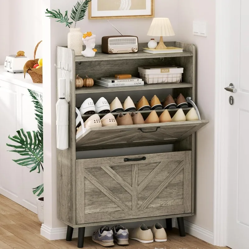 

Shoe Cabinet Storage for Entryway, Narrow Shoe Rack Cabinet with 2 Flip Drawers,Freestanding Hidden Shoe Rack Storage Organizer