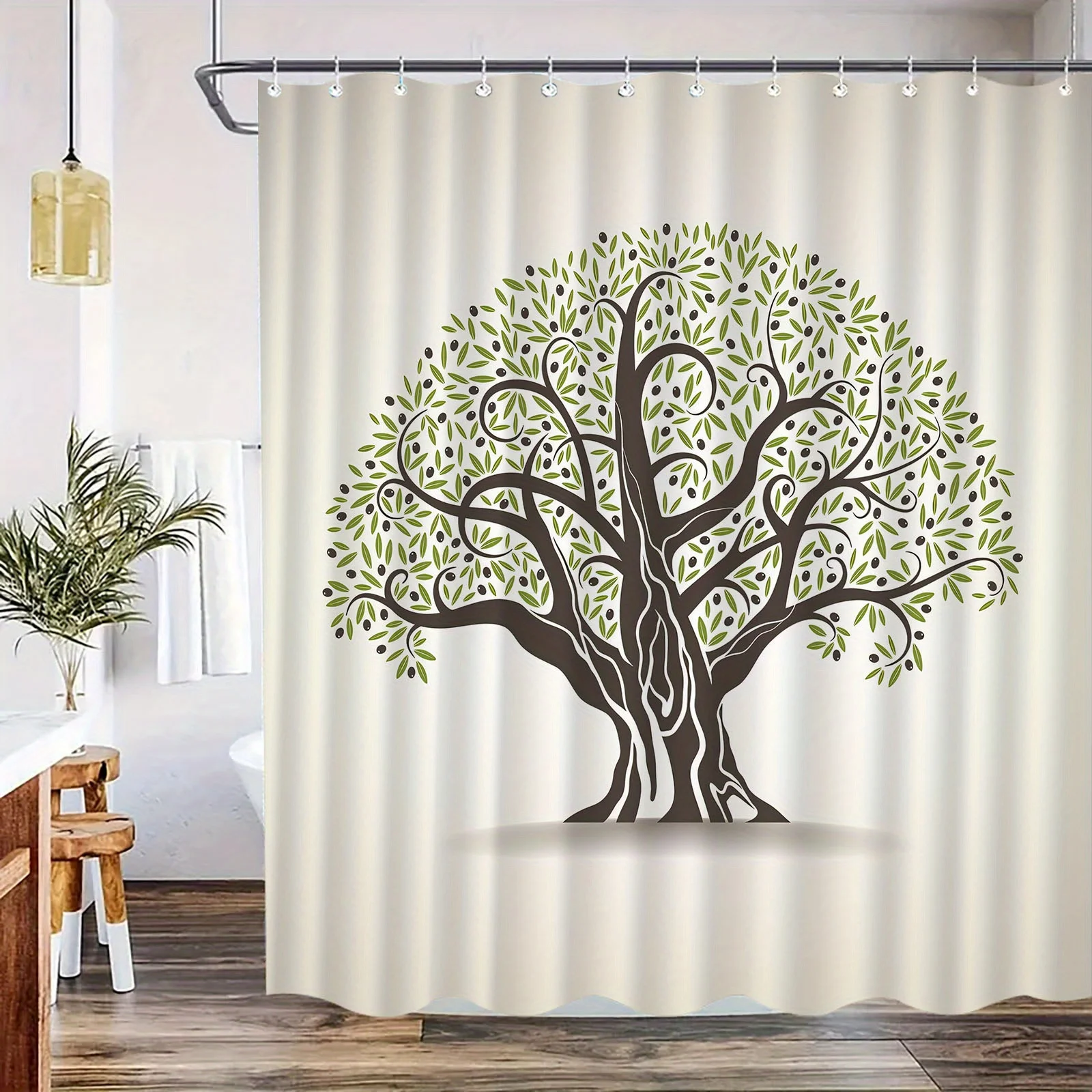 

Элегантная занавеска для душа с узором дерева — высококачественный полиэстер с крючками, художественный дизайн зеленого листа, можно стирать в машине