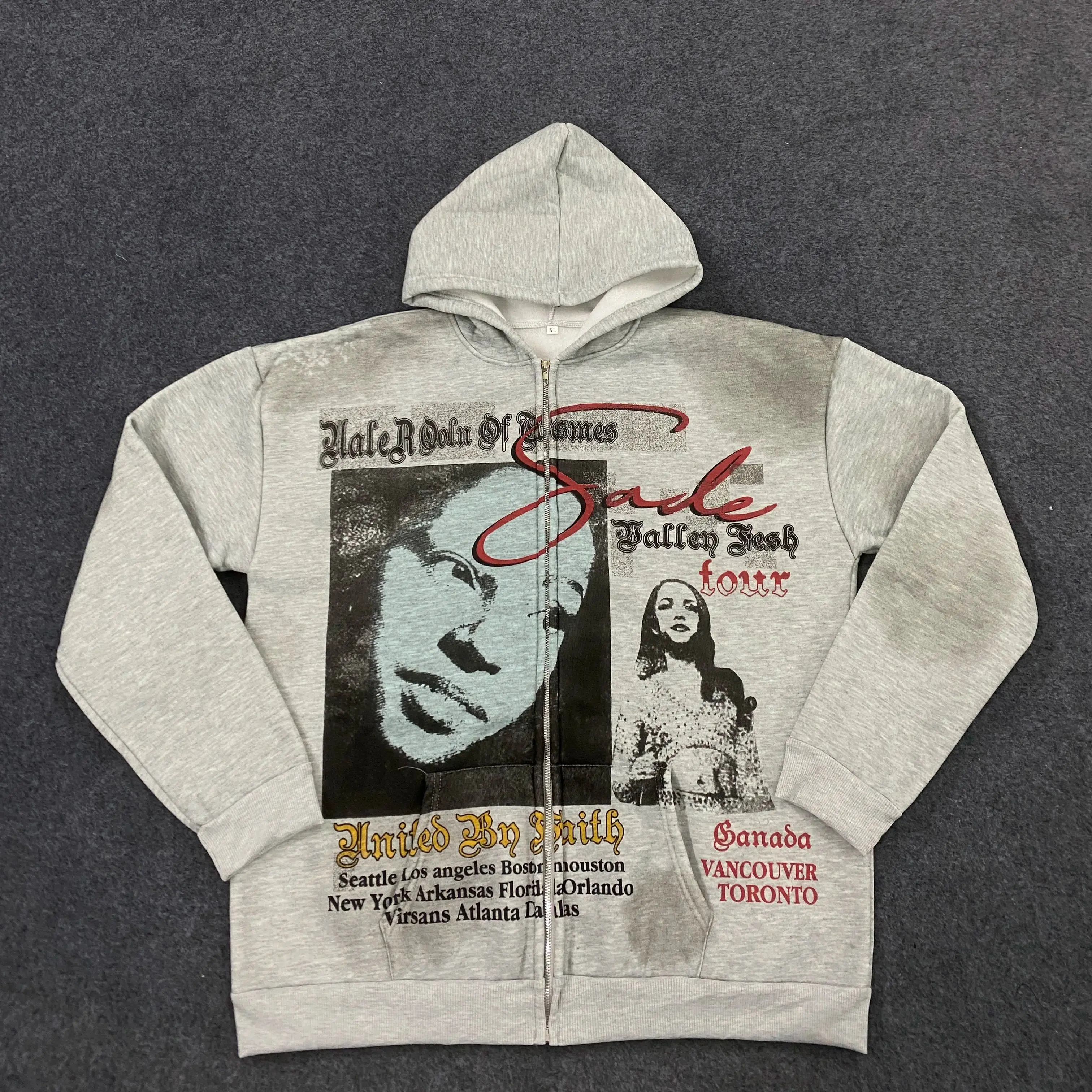 Y2K Amerikanischer Stil Unisex Reißverschluss-Kapuzenjacke in Grau, Dick und Robust, Warmer Sweatshirt