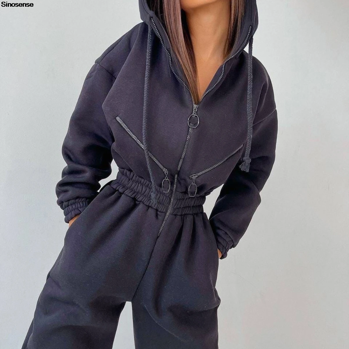 Women Autumn Winter Fleece Elastic Waist Jumpsuits Rompers Hooded Tracksuit One Piece Outfits Long Sleeve Zipper Front Sweatsuit