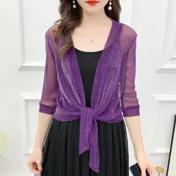 #3504 Summer Chiffon Short Jacket Women Half Sleeve See Through Tops Kimono Jacket Cardigan Sexy Thin Sunscreen Coat Ladies