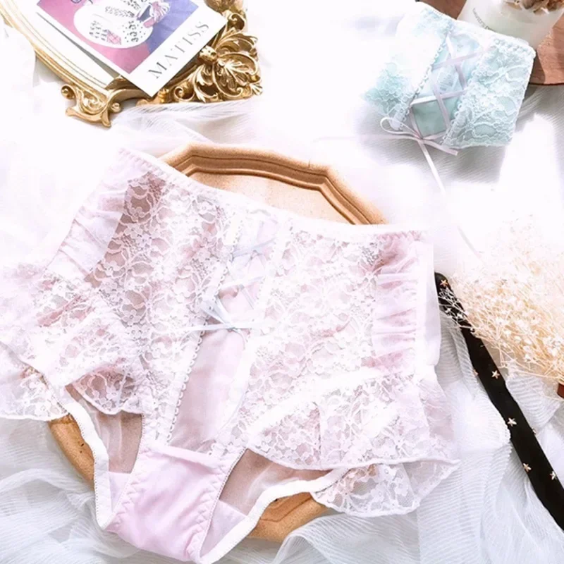 M-6XL New Plus Size Ladies Sweet Cross Bowknot Girly Underwear Lolita Kawaii Palace Ruffled Sexy Lace Thin High-waist Panties