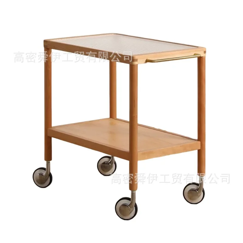 

Nordic retro cherry wood trolley side few household living room movable solid wood side table bedroom bedside table