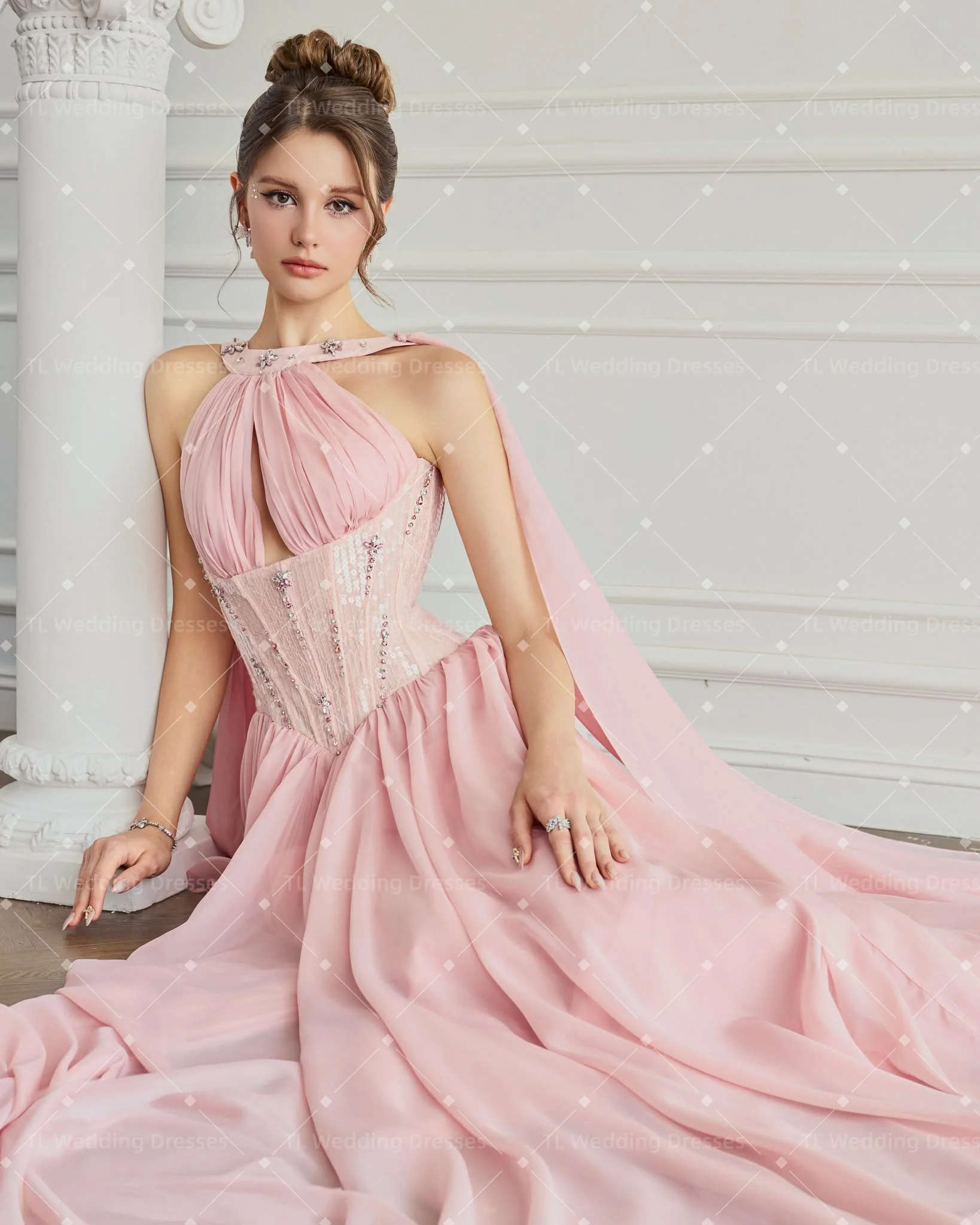 TL Customized 2027 Pink Chiffon Evening Dress Halter Beaded Corset Keyhole Cape Sleeves A Line Prom Gown Vestidos De Noche