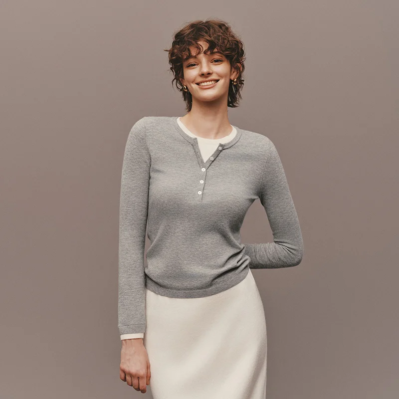 Women's Winter Knitted Sweater - Henley Collar, Slim Fit