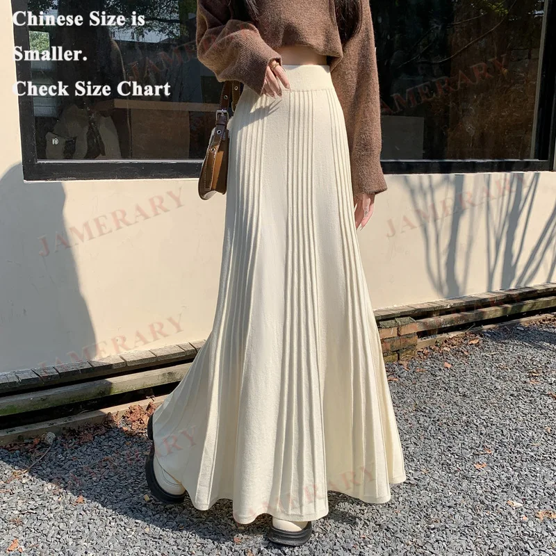 

Утолщенная плиссированная вязаная юбка-миди для женщин, осень-зима, эластичная утягивающая драпированная длинная юбка трапециевидной формы с высокой талией