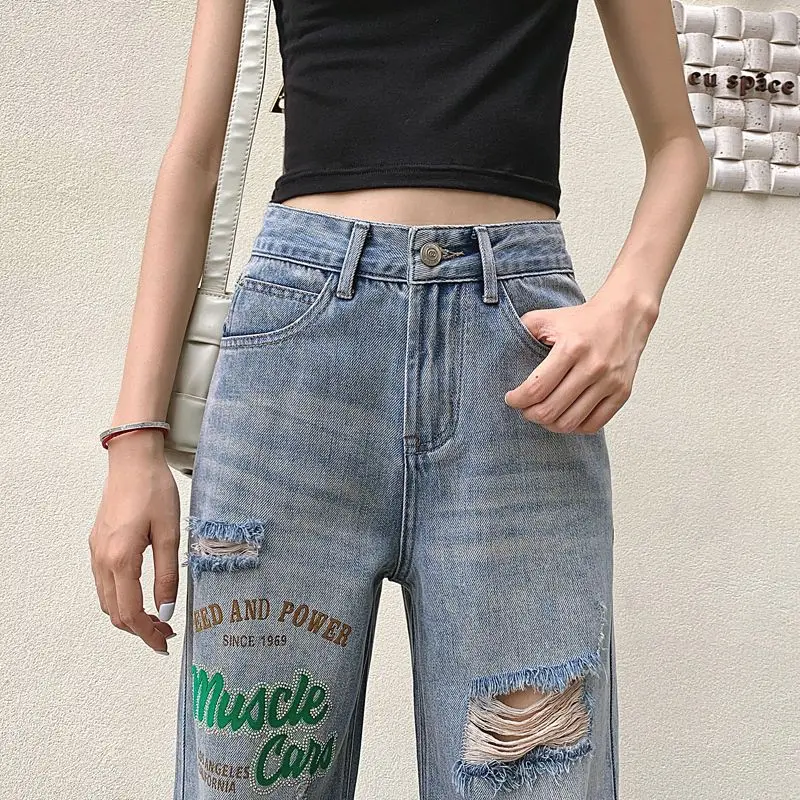 Straight jeans, women's summer thin fashion letter pattern embroidered loose mop pants, high waisted wide leg pants