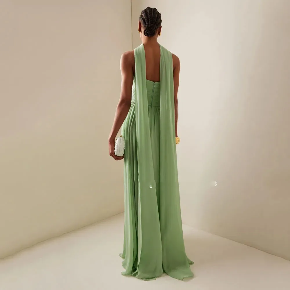 Robe de Soirée en Mousseline de Soie à Plis Sans Bretelles Verte A-LINE 2024, Slim, Dos aux, Longueur au Sol, CL-765