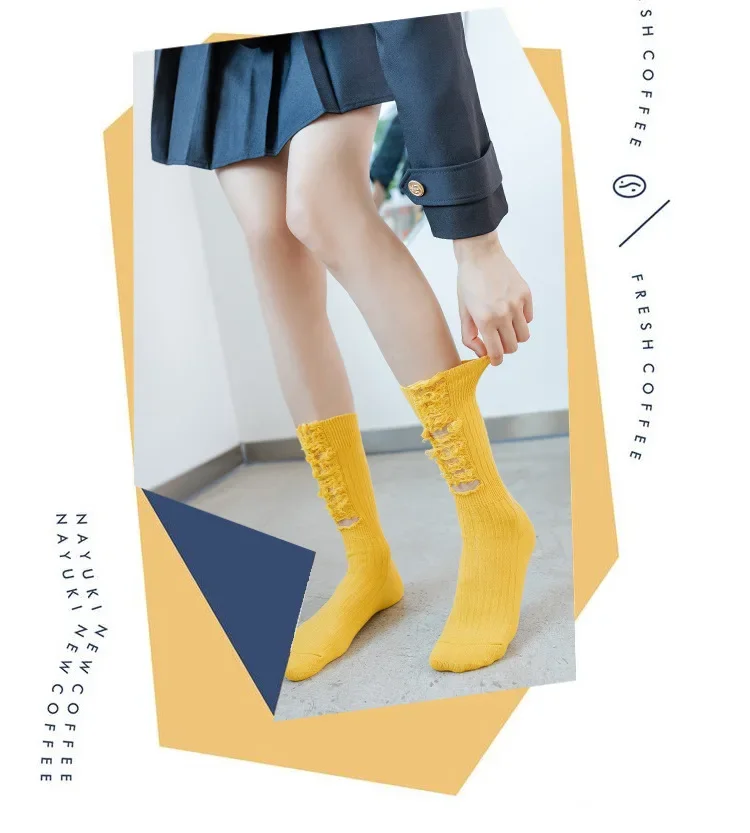 Leisure trend hole beggar socks female net red female pile socks jk new casual long tube cotton men and women socks