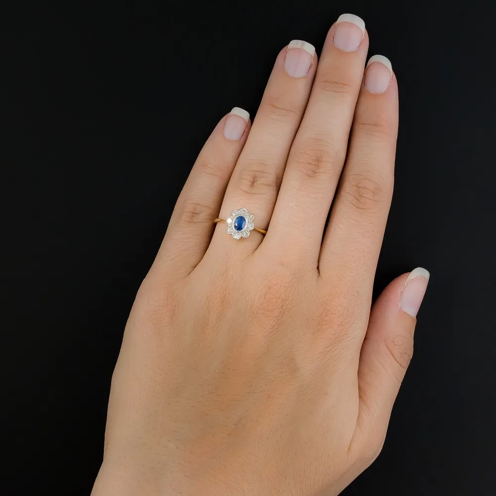 Vintage Oval Blue Sapphire & Diamond Halo Ring 14K Gold Floral Cluster Engagement Ring Luxury Antique Style Jewelry For Women