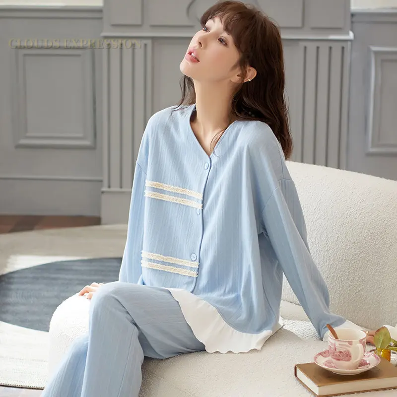 Piyama Wanita Elegan Musim Semi Musim Gugur Piyama Perempuan Pakaian Tidur Jacquard Kerah Lipat Baju Tidur Renda Panjang Pakaian Tidur Piyama Mujer Pakaian Malam