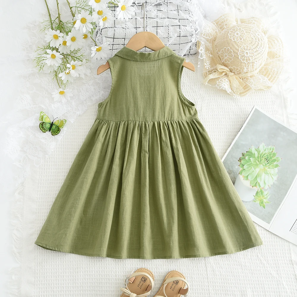 Summer New Girls Solid Casual Sleeveless Princess Dress 1 Pc Single Breasted Kids Fashion Clothes 3-7 Years
