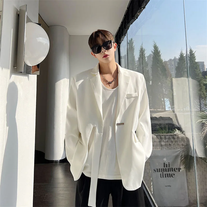 

Men Senior Blazer Tops Coat Male Sexi Luxury Dinner Banquets Party Blazer Ribbon Belt Date Cafe Streetwear Winter Autumn Coat