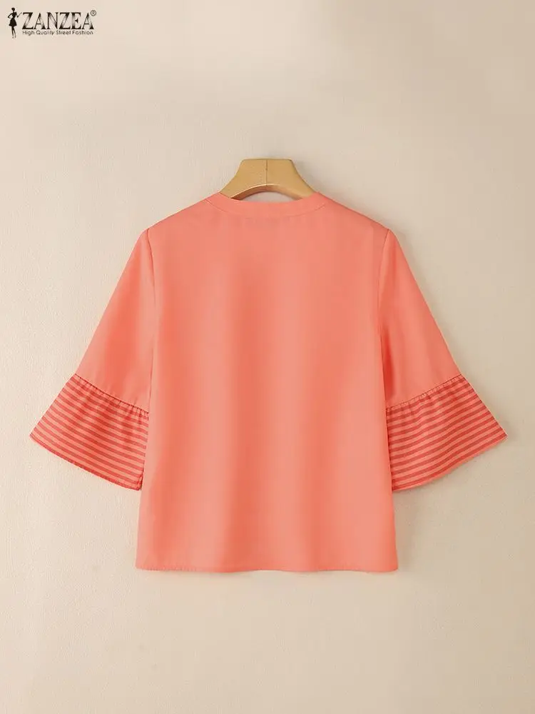 ZANZEA Camicette da donna patchwork a righe con scollo a V Manica svasata a 3/4 Pullover allentato Top Autunno 2025 Nuovo abbigliamento casual quotidiano S-3XL