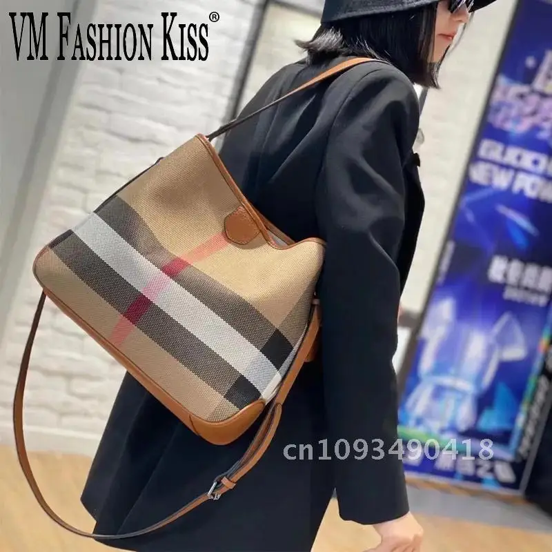 VM FASHION KISDS 2024 Bags Canvas + PU Women's Bags Leather Shoulder New High Canvas Plaid Handbags Women Luxury Quality