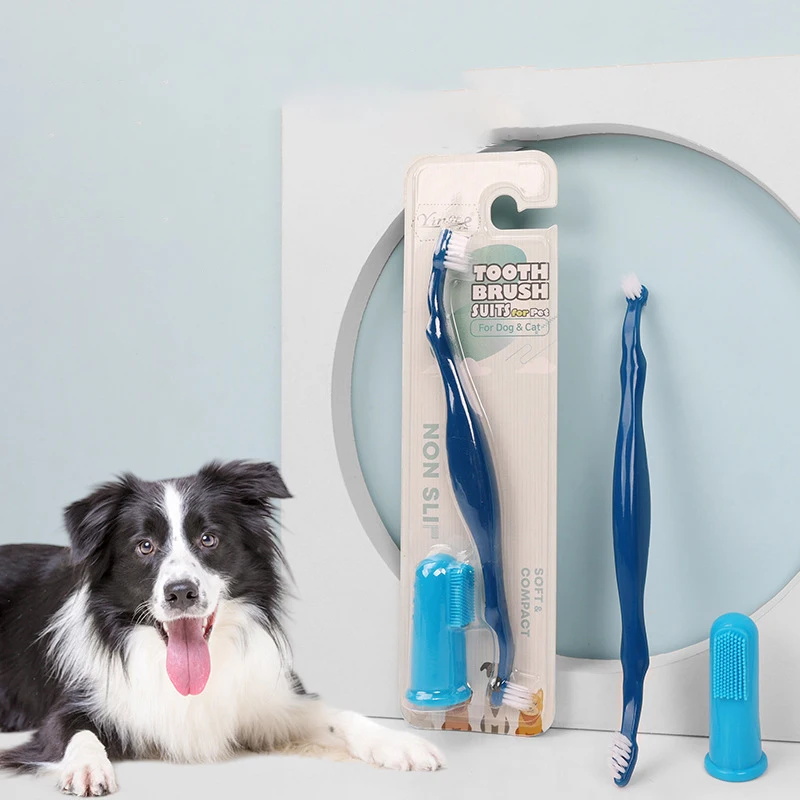 

2pcs Double-headed Dog Toothbrush Suit Comfortable Non-slip Handle Oral Care Finger Toothbrush for Cat Pet Cleaning Supplies