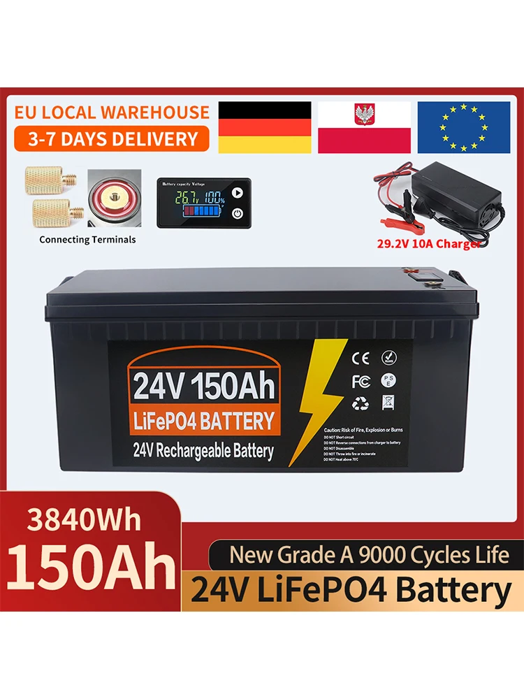 12V 24V 350Ah 200Ah 150Ah 100AH LiFePO4 Lithium-Eisenphosphat-Batterie mit eingebautem BMS, 9000 Zyklen, für Golfcarts, Solaranlagen, Wohnmobile, EU-Lagerbestand