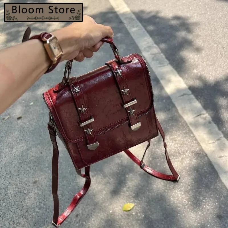 

Bloom Retro Red Women Studded Leather Textured Square Backpack Ladies Academy Style Lightweight Mochilas Mujer 2025