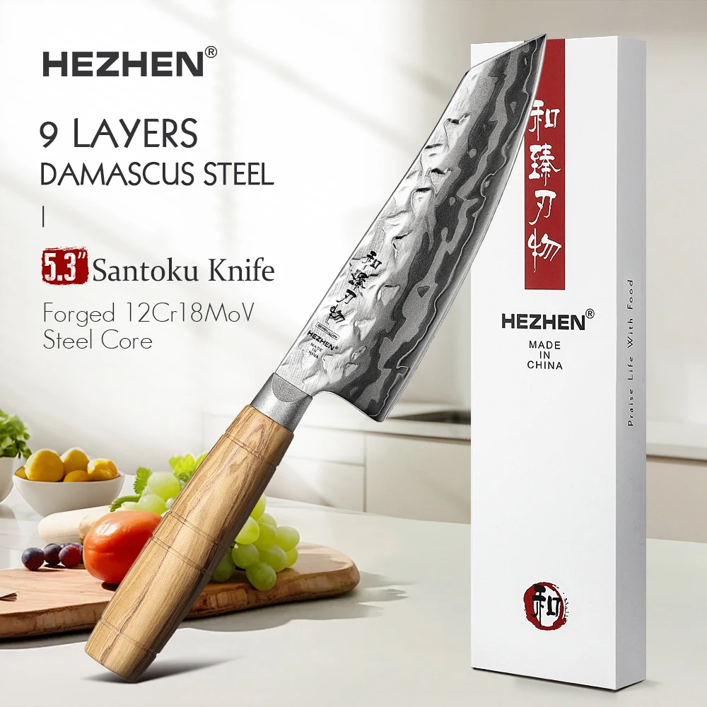 HEZHEN 5.3 Inch Santoku Knife Premium 9‑Layer Damascus Steel with 12Cr18MoV Core Ergonomic Olive Wood Handle Kitchen Knife