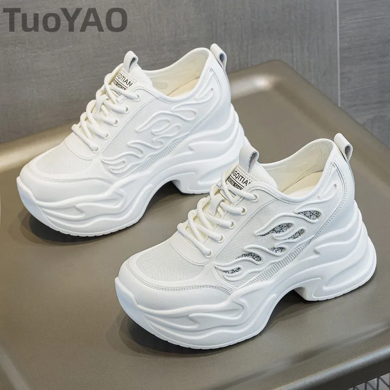 9cm Air Mesh Microfiber Genuine Leather Summer Platform Sneakers Vulcanize Breathable High Brand Casual Women Shoes Lady