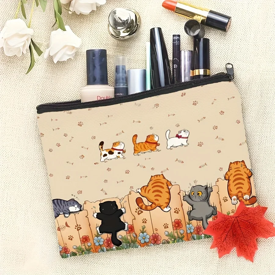 Makeup Bag -Cat-Themed   Adorable Kitten & Paw Print Design, Mixed Colors Travel Toiletry Organizer, Perfect Gift for Cat Lovers