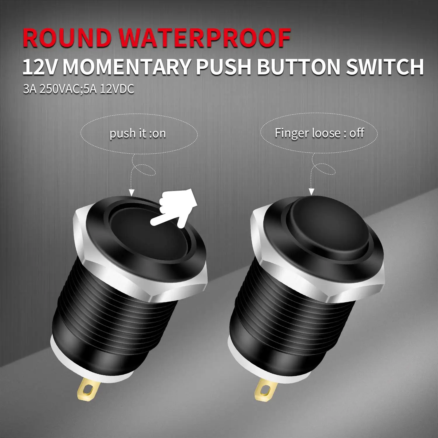 6pcs 12V Momentary Push Button Switch Waterproof Black Metal 12mm 1/2\'\' Small Round Power Pushbutton 2 Pin Push ON