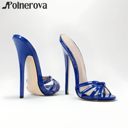 16cm Blue Patent Leather Mules Sexy Super High Heeled Slippers Knotted Slip-On Designer Style Handmade Fashion Heels for Summer