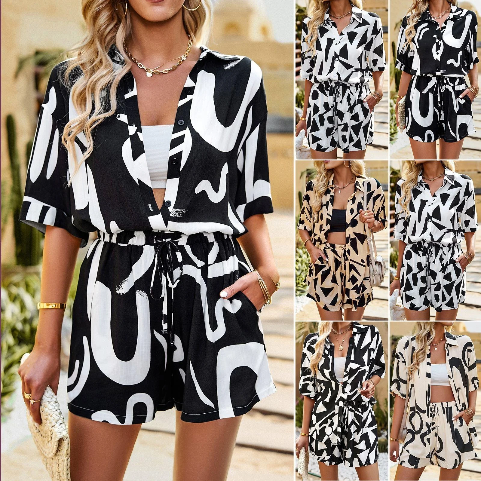 

Women's Printed Cotton Shirt Short Pants Set Casual Fashion Ensemble Three-piece Suit Commute Style Summer Wear