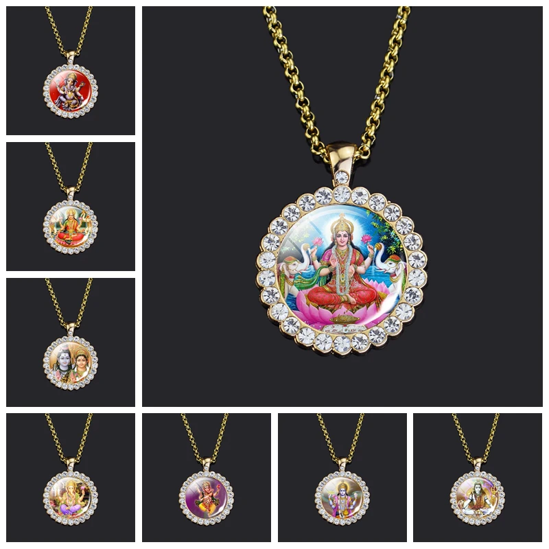 Shiva Parvati naszyjnik hinduski bóg biżuteria Vishnu Lakshmi szklany łańcuszek wisiorek strasy naszyjnik hinduizm biżuteria
