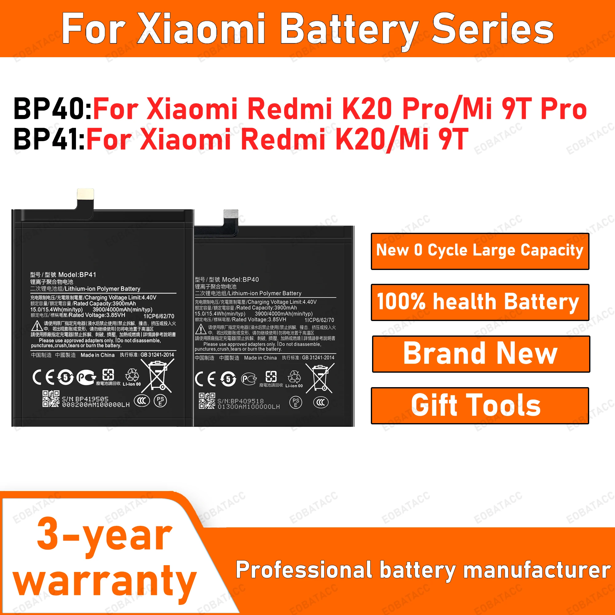 

2025 Years 100% Original Replacement Battery For Xiaomi Redmi K20 Pro Mi 9T Pro Mi9T Redmi K20Pro Battery 4000mAh BP41 BP40