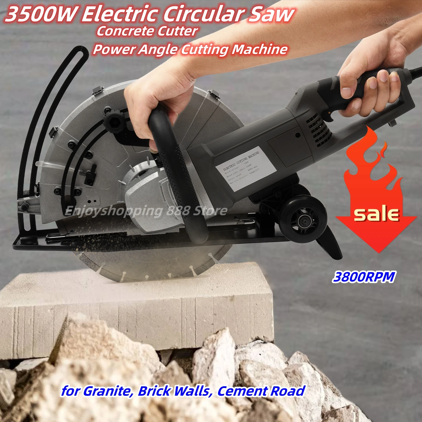 3500W Electric Circular Saw Concrete Cutter Power Angle Cutting Machine 3800RPM for Granite, Brick Walls, Cement Road