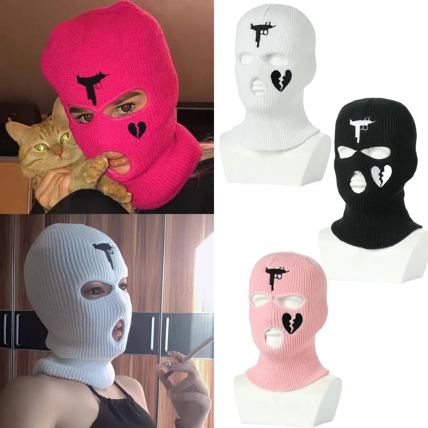 

Gun Heart Embroidery Knitted Balaclava 3-Hole Windproof Face Mask For Ski Cycling Motorcycle Thermal Winter Sports Unisex Adult