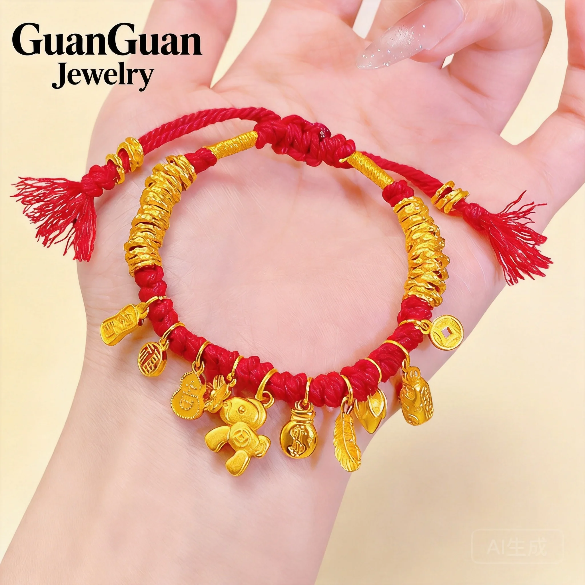 24k Gold Plated Chinese Feng Shui Lucky Red String Bracelet Wealth Attracting Charms Adjustable Blessing Bracelet For Women Zodi