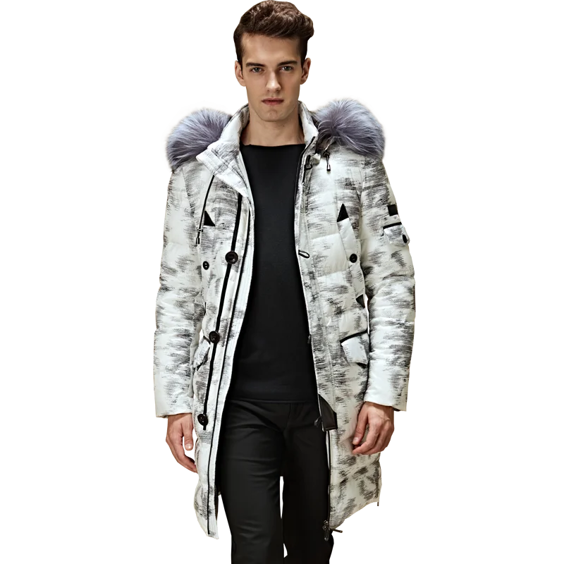 Men\'s Down Jacket Hood Winter Warm Silver Fox Fur Collar Thickened Mid-long 90%white Goose Down Coat Men Clothes пуховик мужской