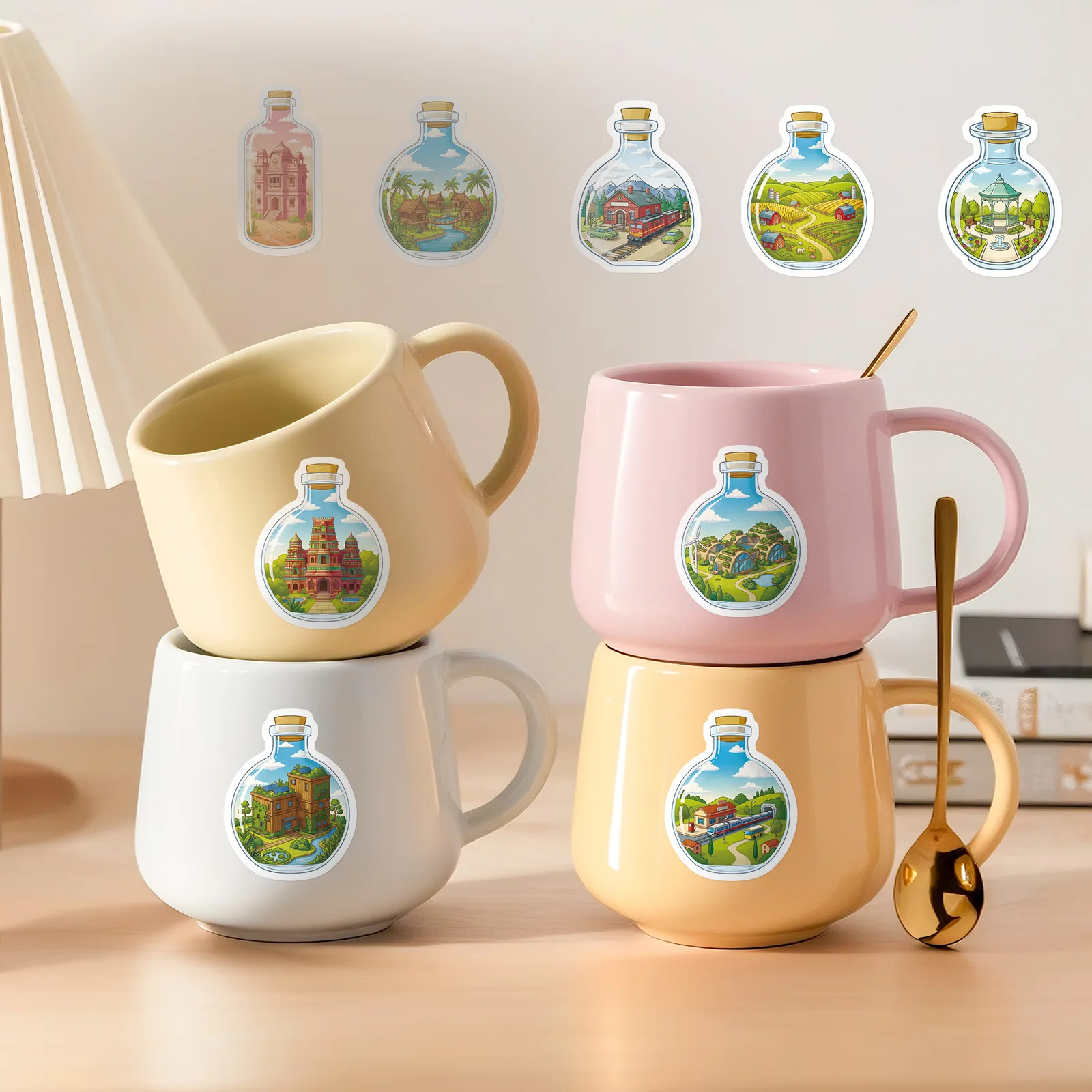 10/56PCS World in a Bottle Cartoon Stickers Architectural Landscape Graffiti Decoration DIY Toys Laptop Guitar Car Bike Decals