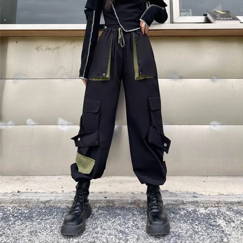 

Harajuku Baggy Fit Black Cargo Pants Women High Waisted Hip Hop Pants Girls Trousers Female Loose Joggers Sweatpants Pockets