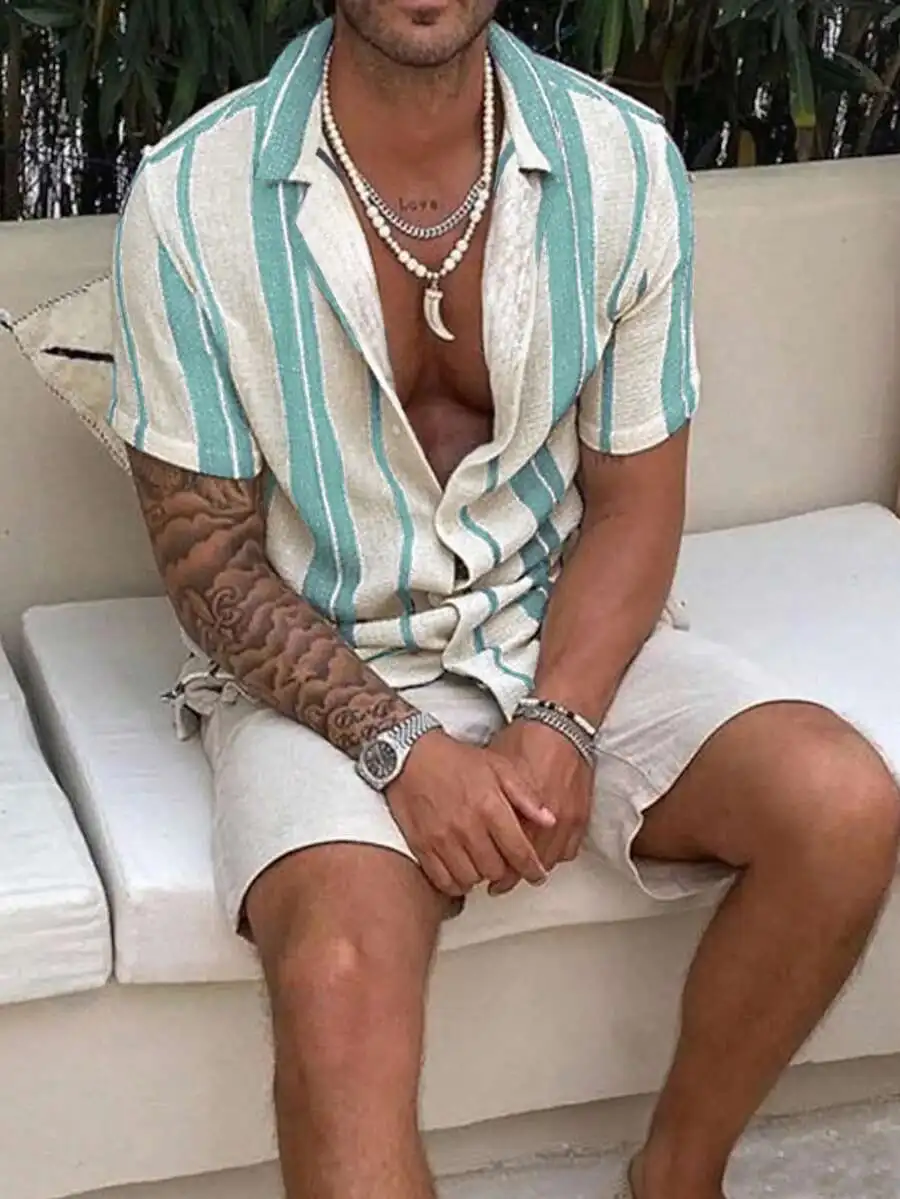 

Mens Casual Striped Short Sleeve Shirt Beach Holiday Style