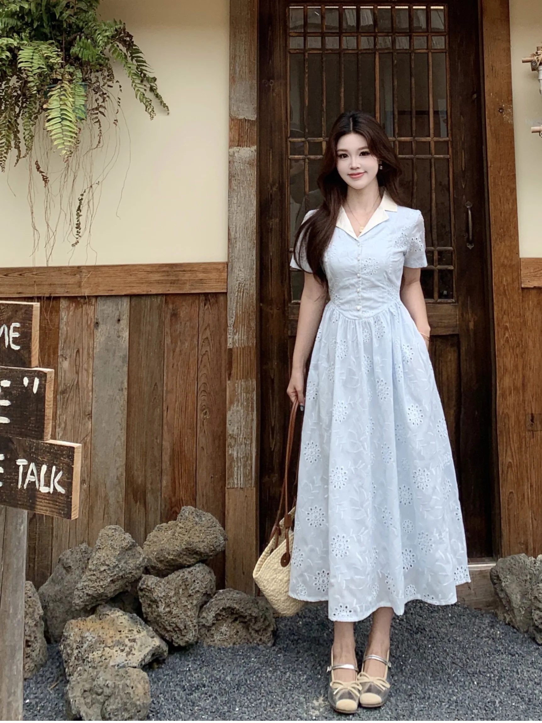 

plus Size Women's Gentle Floral Short Sleeve Dress Summer New Waist Cinching Embroidered Hollow out Long Skirt Commute Style
