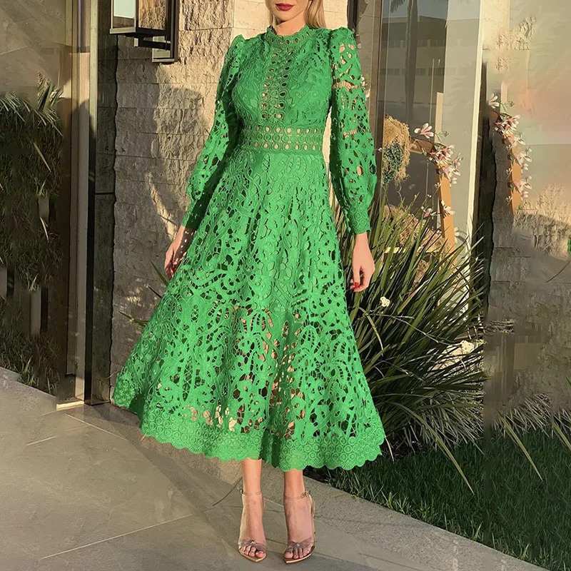 

Green Hollow Out Solid Dress For Women Stand Collar Long Sleeve High Waist Elegant Dresses 2025 Autumn Female Fashion New