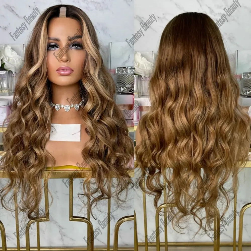 

26Inches Dark Brown Root with Caramel Balayage Blonde Highlights Glueless U/V Part Wig Human Hair for Women Long Body Wave Wigs