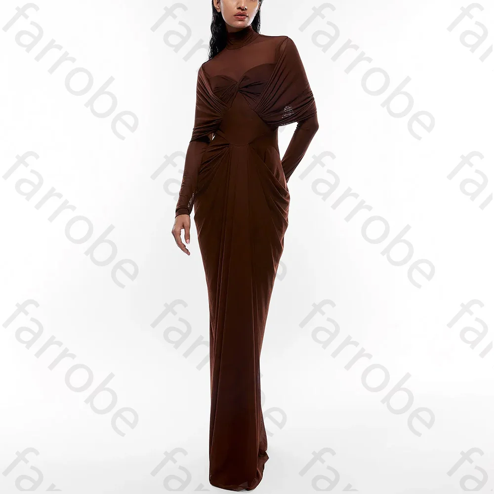 Customized Brown High Collar Mermaid Long Sleeves Evening Dresses Classic Elegant Off The Shoulder  Evening Dress Party Gowns