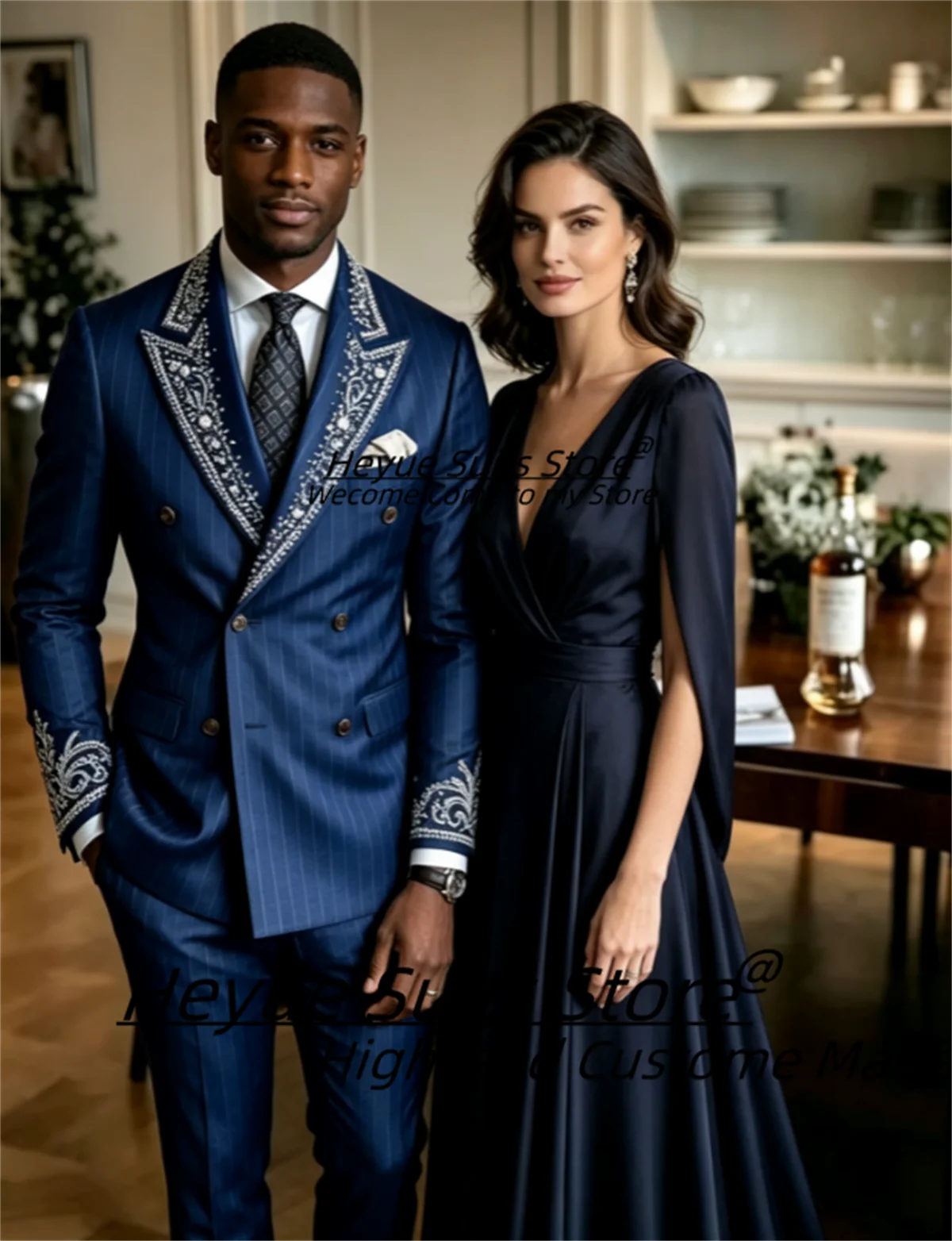 Luxurious Pinstripe Men Suits Customized  Rhinestone Embellished Peak Lapel Double Breasted Groom Wedding Tuxedos 2 Pieces Sets