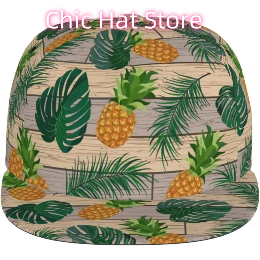 Adjustable Flat Bill Visor Snapback Hat for Men Women,Hip Hop Baseball Cap-Pineapples Palm Leaves Wooden Background